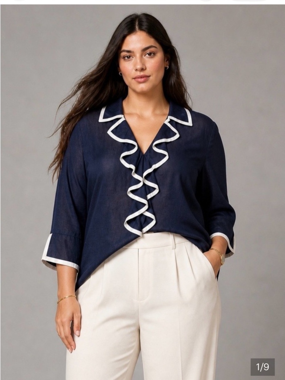 Talbots Irish linen 100% ruffle front top navy blue with white trim Size 4